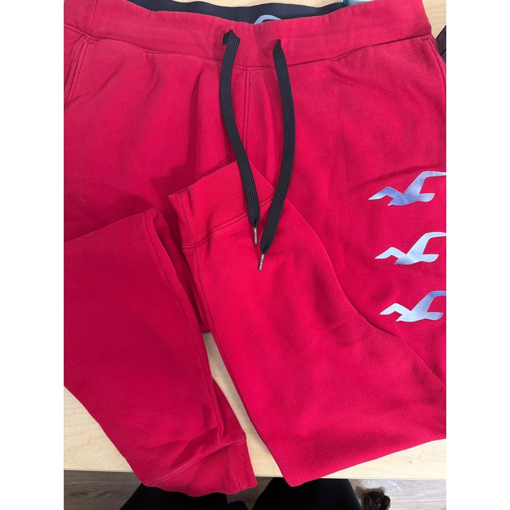 Hollister California Mens Red Fleece Jogger Sweatpants Triple Seagull Logo L
